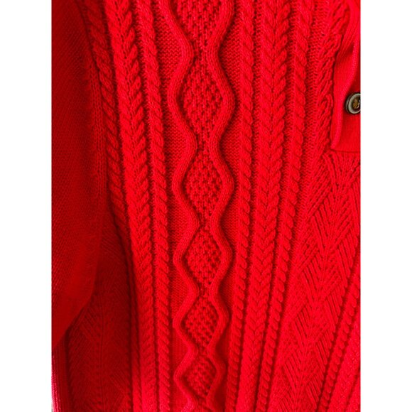 Chaps Red Fisherman Cable Knit Sweater 3 button M 100% Cotton Long Sleeve Preppy - Picture 8 of 10